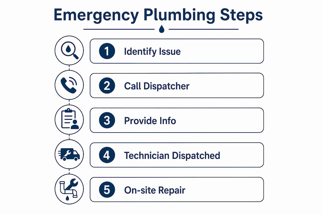 how to find a 24 hour plumber near me fast 3 infographic showing step-by-step emergency plumbing process