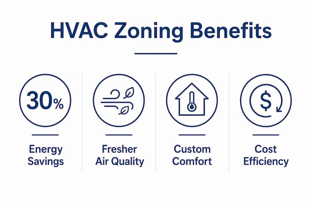 what is an hvac zoning system? a homeowner's guide 3 infographic displaying key benefits of hvac zoning