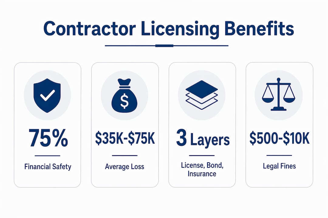why contractor licensing protects homeowners in 2026 2 infographic displaying key contractor licensing benefits and statistics