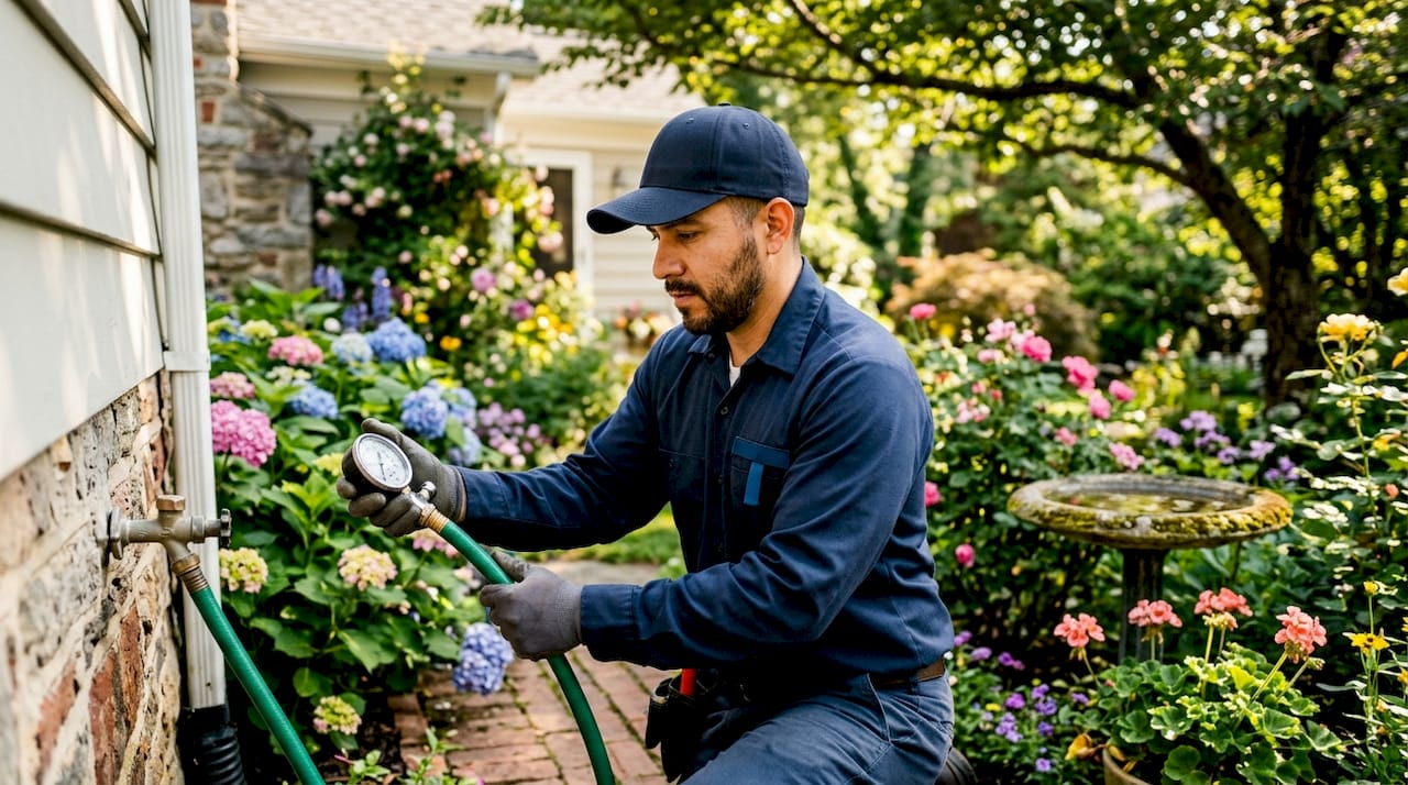 plumbing repair mistakes alexandria homeowners must avoid 2 plumber measuring water pressure at outdoor faucet