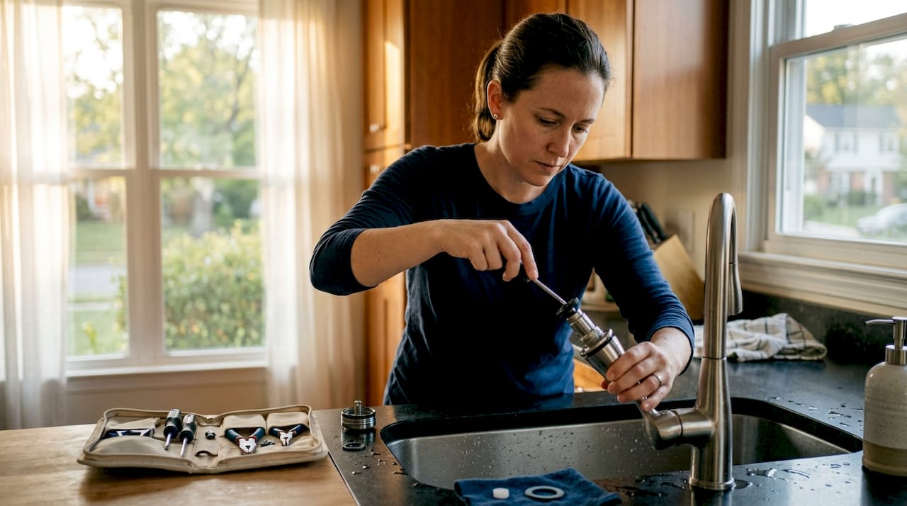 common plumbing problems in northern virginia homes 2 hands replacing washer in leaky faucet
