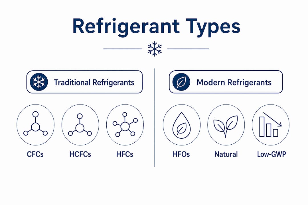 the role of refrigerant in hvac systems explained 3 infographic comparing traditional and modern refrigerant types