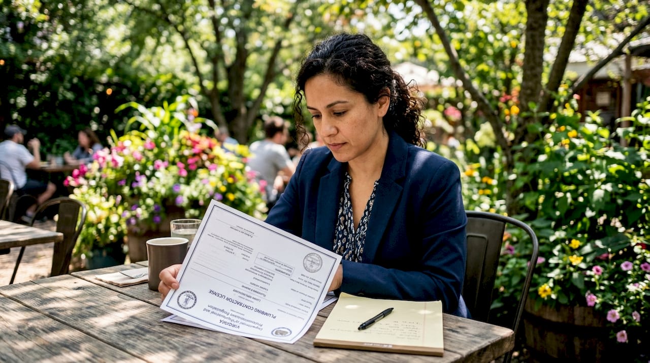 find a licensed plumber in northern virginia 2 hands examining plumbing contractor license document