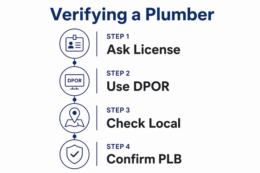 find a licensed plumber in northern virginia 3 infographic with steps to verify plumber's license