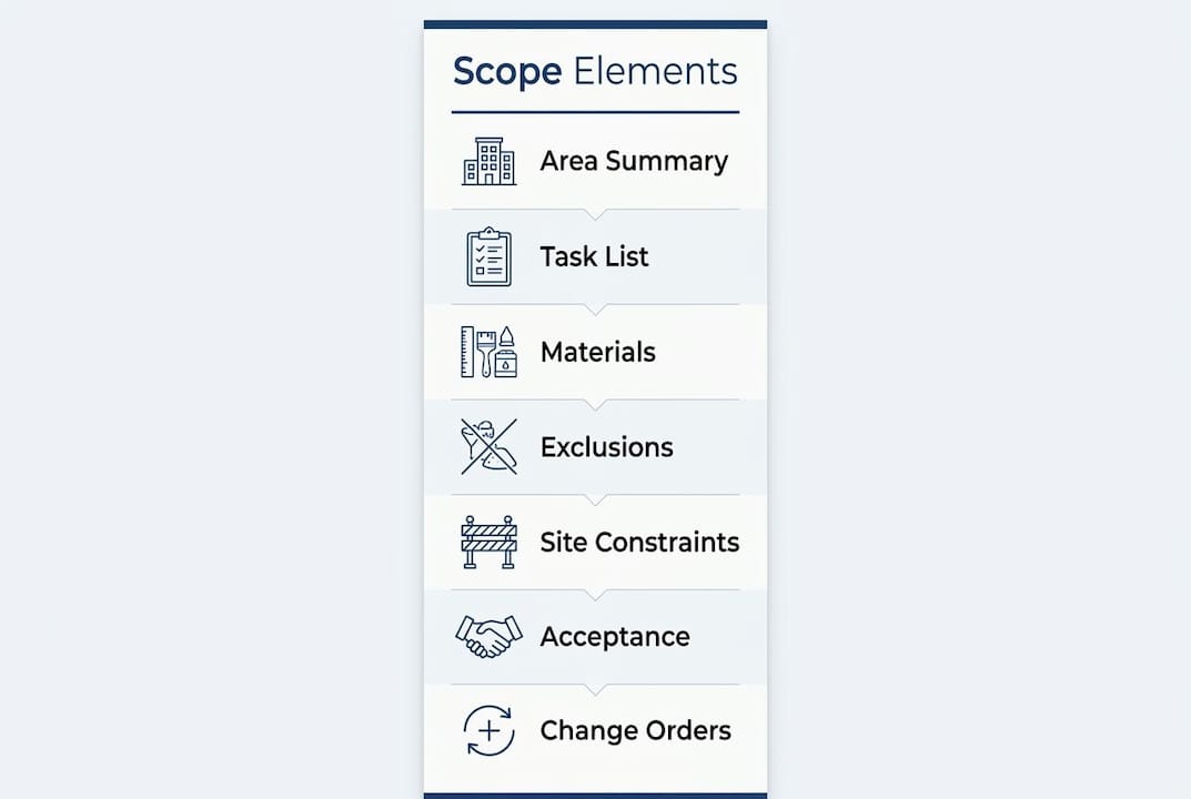 renovation scope of work: a homeowner's guide 3 infographic outlining key renovation scope elements