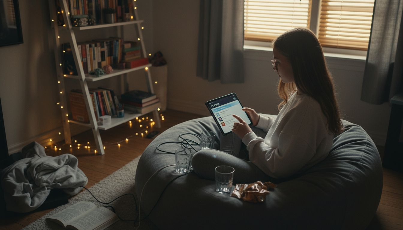 Tenåring som blar gjennom TV-guiden på nettbrettet sitt