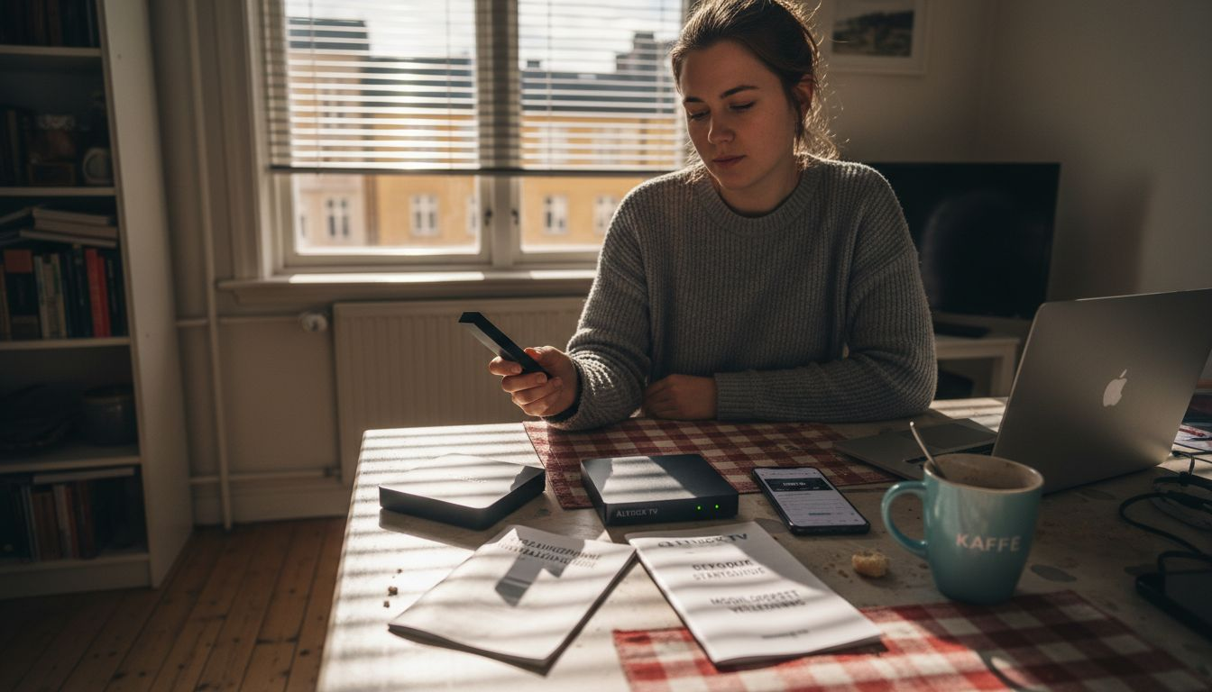 En kvinne ser nærmere på ulike IPTV-bokser for å finne ut hvilken som passer best for henne.