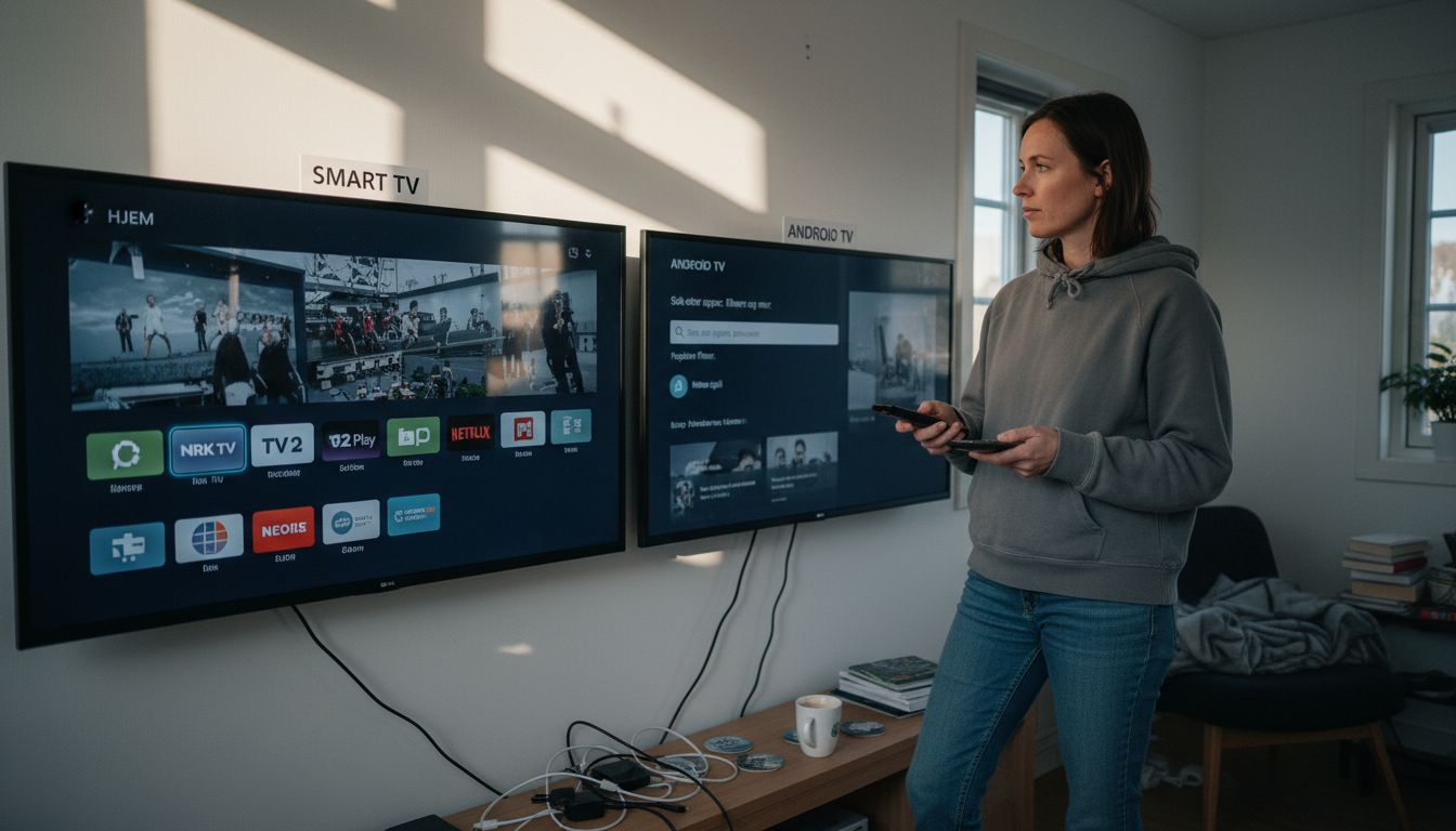 Kvinne som sammenligner skjermene på Android TV og smart-TV