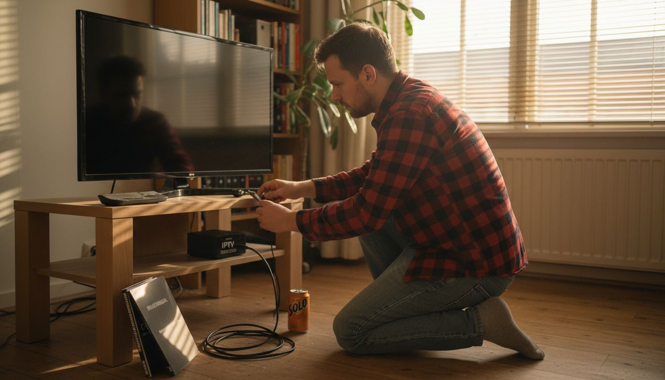 En mann kobler til en IPTV-dekoder ved siden av TV-en.