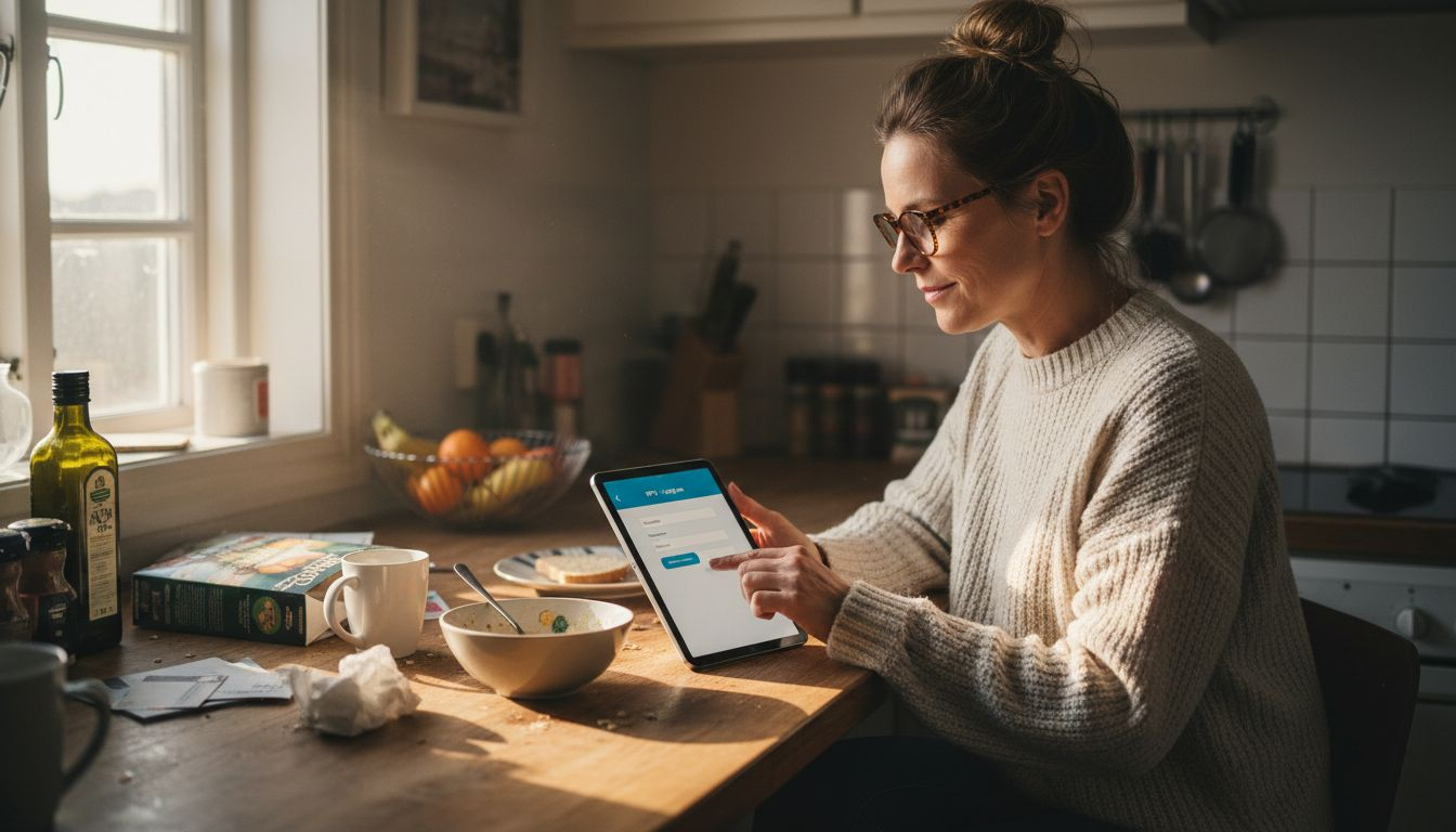En kvinne står ved kjøkkenbenken og logger inn på IPTV-appen på mobilen.