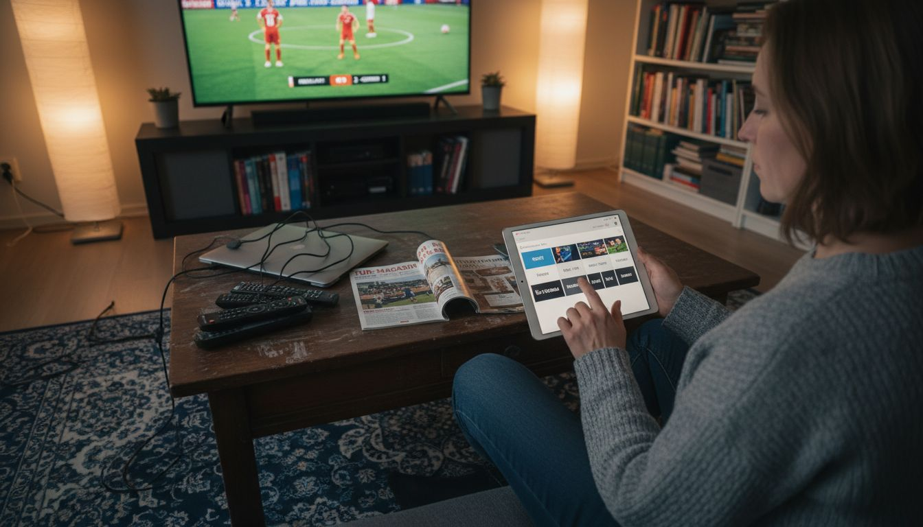 En kvinne ser på IPTV både på nettbrettet og TV-en hjemme.