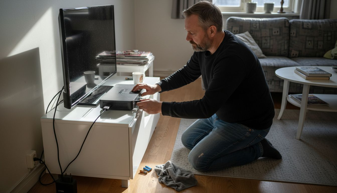 En mann kobler opp IPTV-utstyr til Android-enheten sin