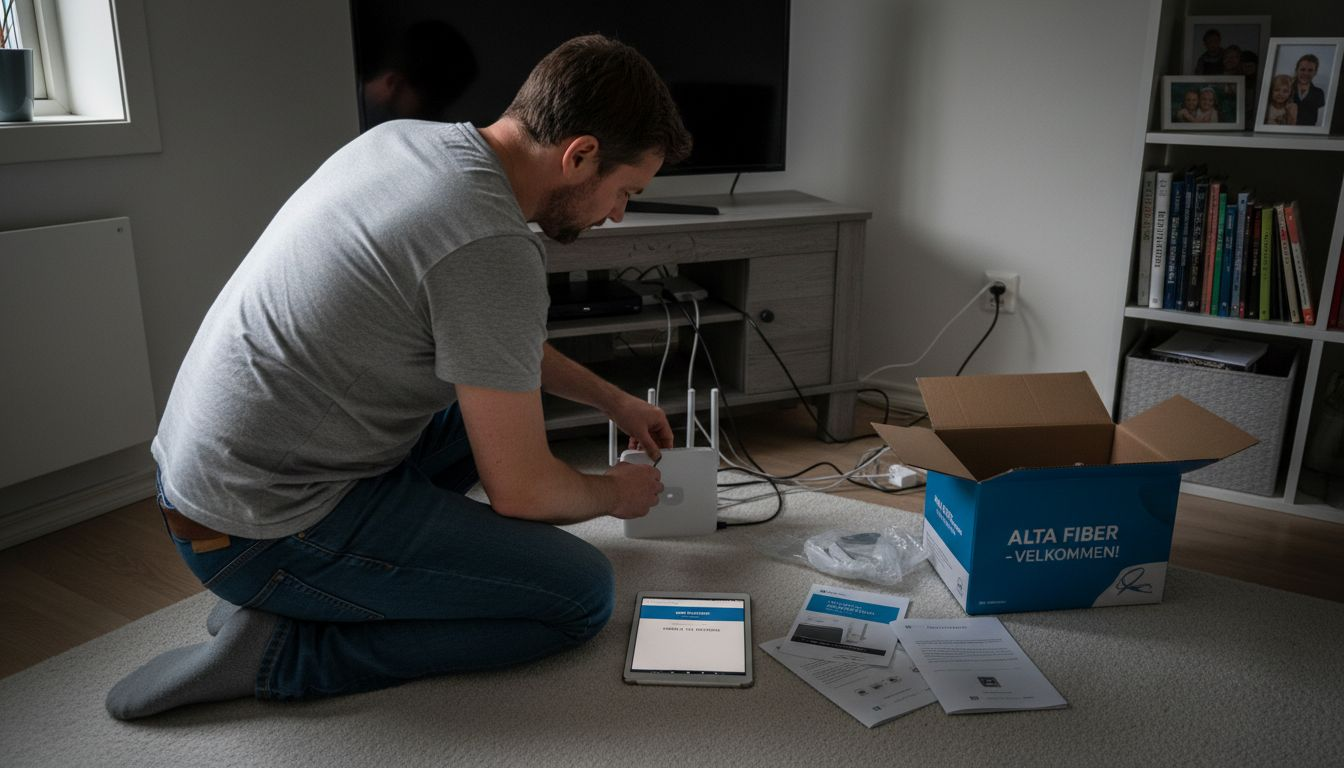 Pappa setter opp IPTV-boksen og ruteren hjemme