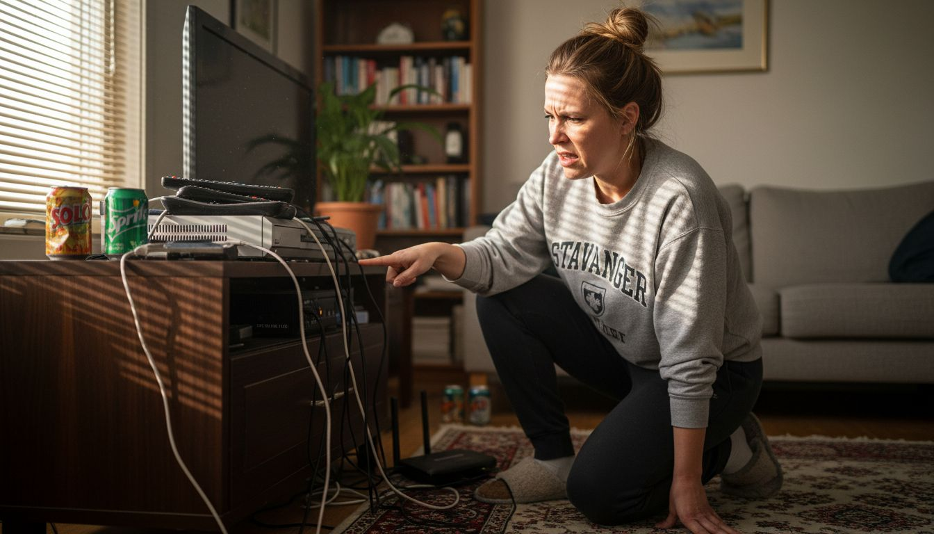 En kvinne sitter hjemme og prøver å finne ut av hvorfor IPTV-boksen ikke fungerer som den skal.