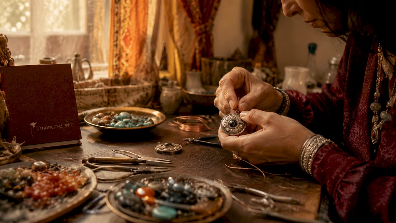 Le mani danno vita a orecchini unici, intrecciando rame e pietre con passione e creatività.