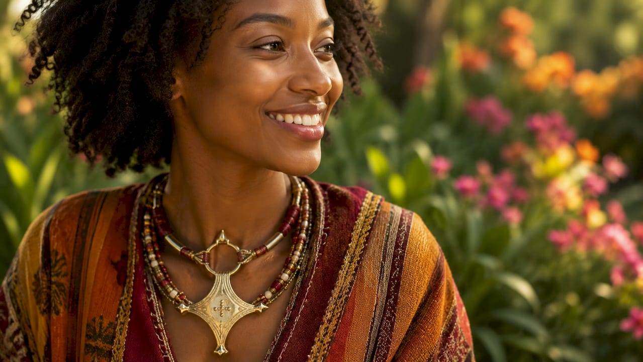 Donna che indossa una collana tradizionale di ispirazione africana