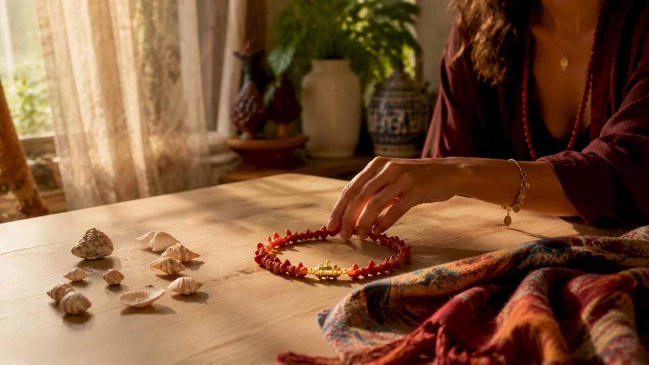Una raffinata collana di corallo rosso appoggiata su un tavolo in legno dal sapore rustico.