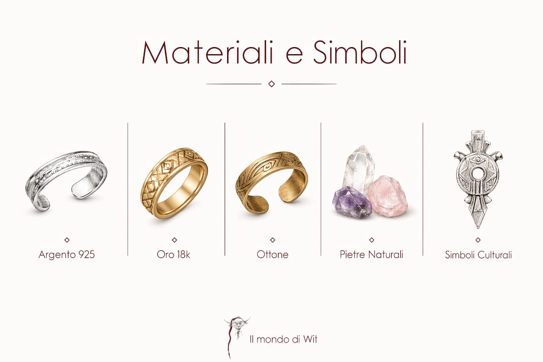 Infografica dedicata ai materiali e ai simboli più utilizzati nei gioielli etnici da uomo