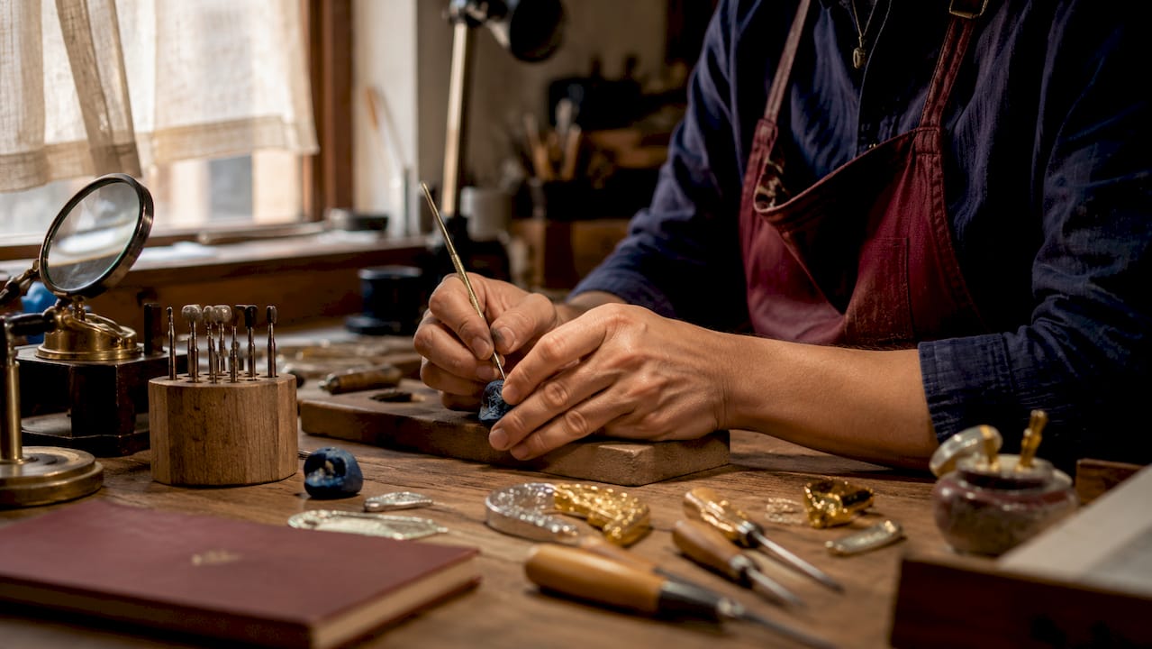 The skilled hands of artisans shape jewelry through the lost-wax technique.