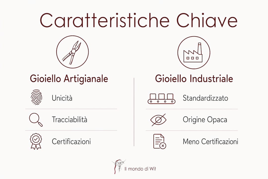 Infografica: confronto tra la qualità dei gioielli artigianali e quella dei gioielli prodotti industrialmente