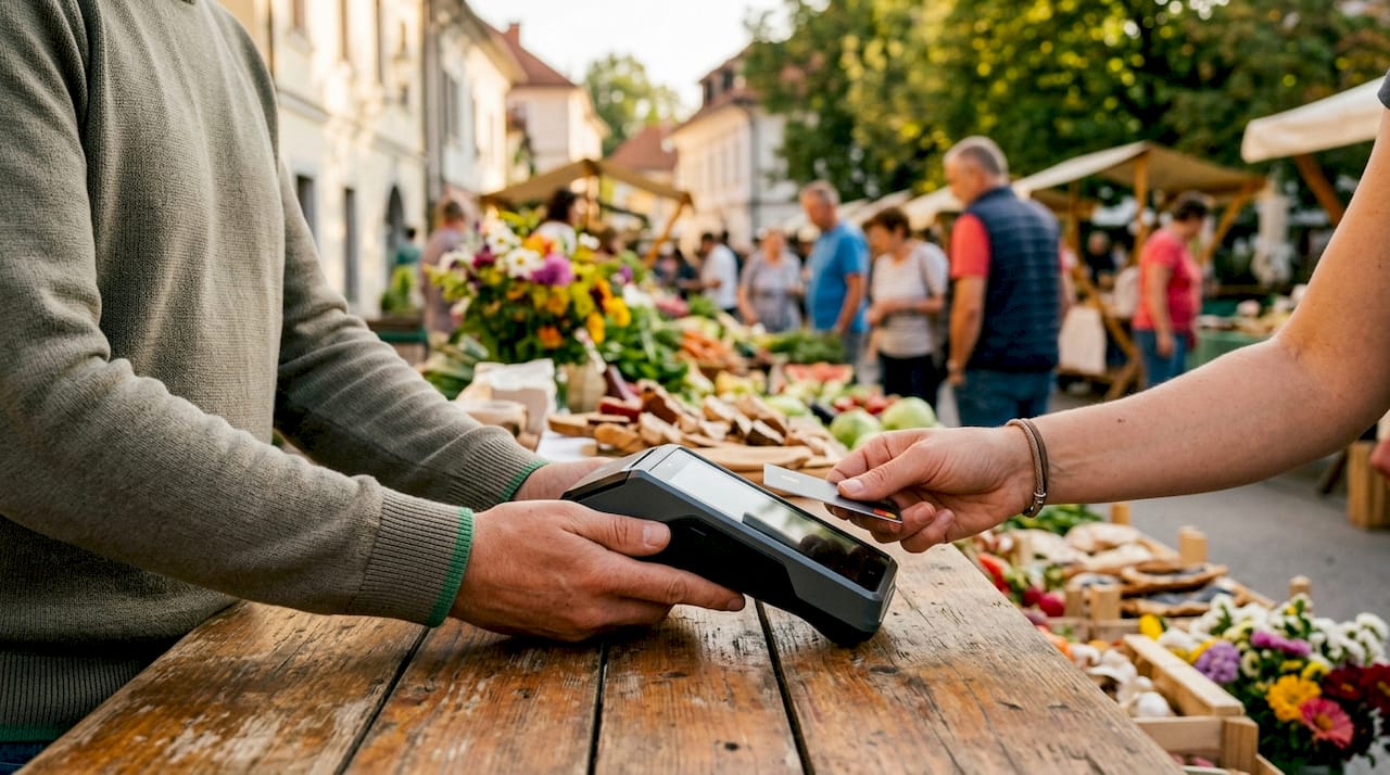 Roke upravljajo s prenosnim POS terminalom na prostem