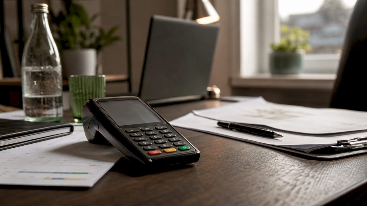 Klasičen prenosni POS terminal na delovni mizi v pisarni