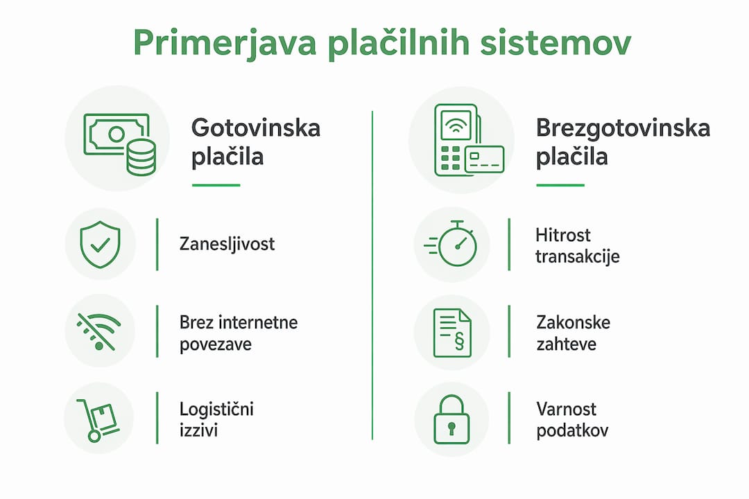 Grafični prikaz razlik med plačevanjem z gotovino in s karticami oziroma drugimi brezgotovinskimi oblikami.