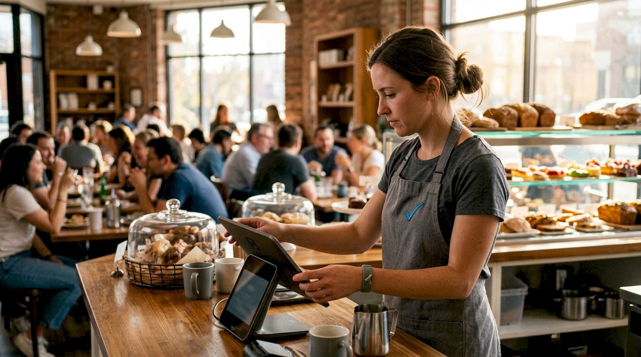 Barista za pultom kavarne poskrbi za vzdrževanje in pravilno delovanje plačilnega terminala.