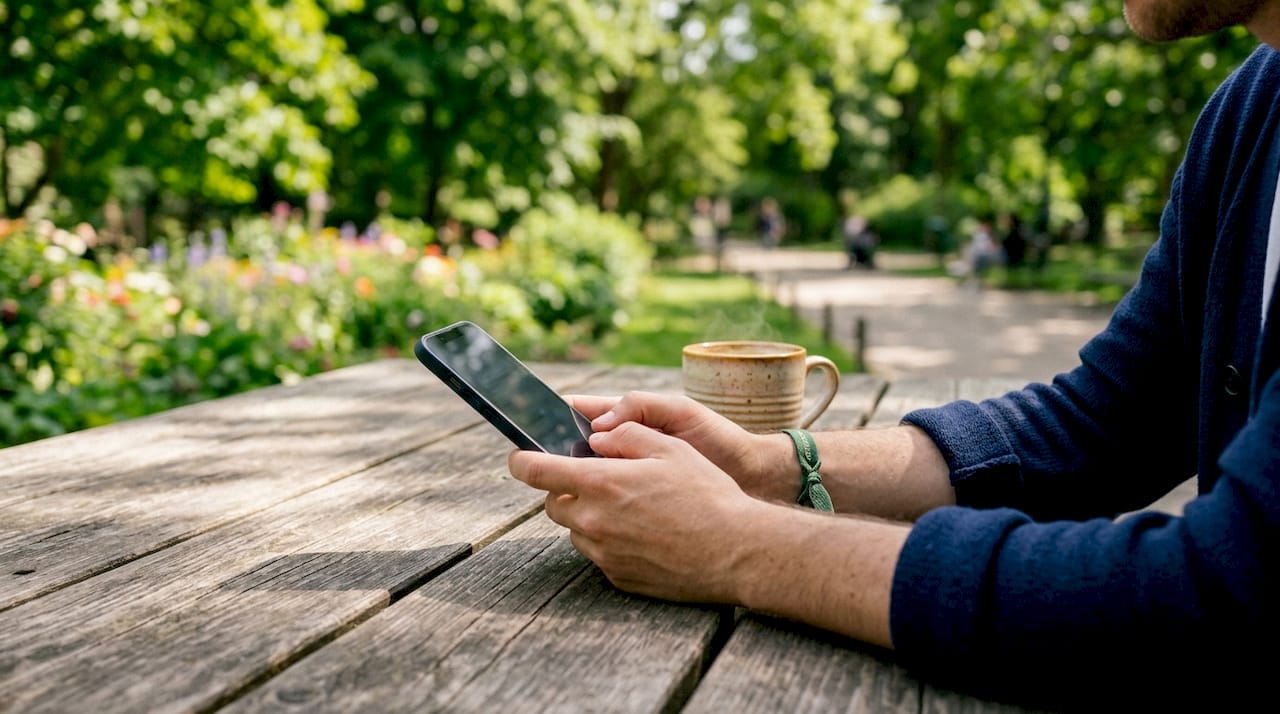 Gost v kavarni drži v rokah telefon in z njim plačuje kavo.