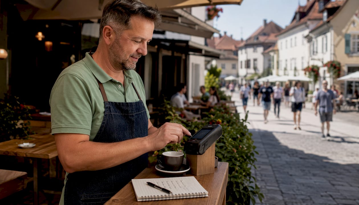 Lastnik kavarne sprejema plačila s terminalom Besteron kar na terasi.