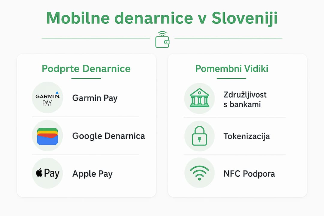 Pregled mobilnih denarnic in njihove združljivosti v Sloveniji – infografika