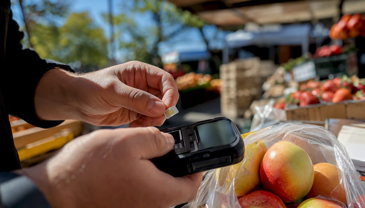Roke vstavljajo SIM kartico v mobilni plačilni terminal.
