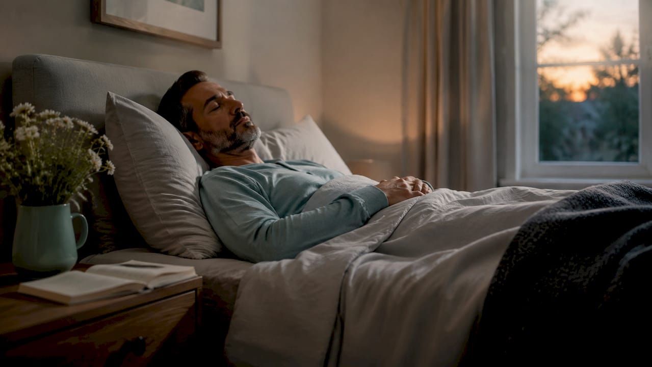 Man peacefully sleeping in cozy bedroom for recovery