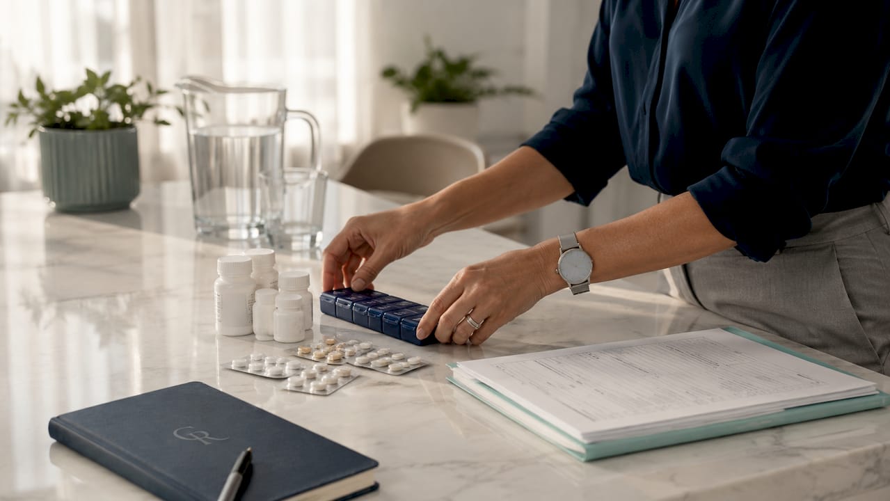 Clinician organizing detox medications overhead