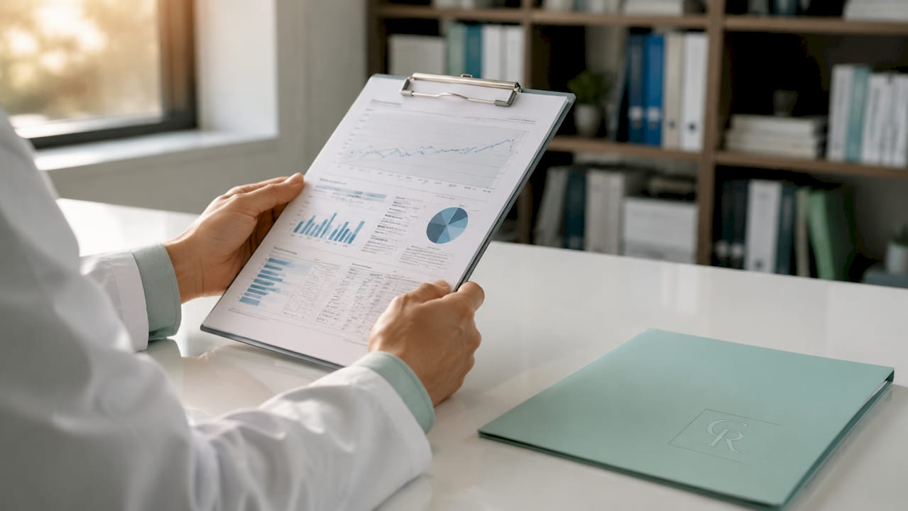 Hands holding clinical data sheets with charts