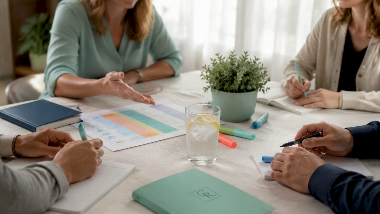 Team hands around table with intervention plans