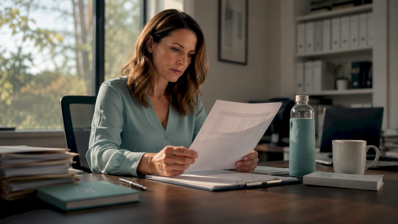 Woman reviewing insurance billing documents