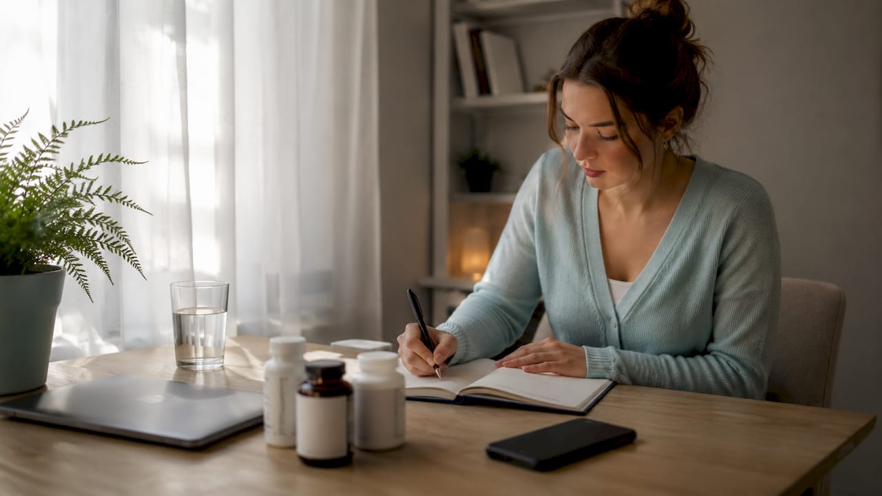 Woman logging detox progress in journal
