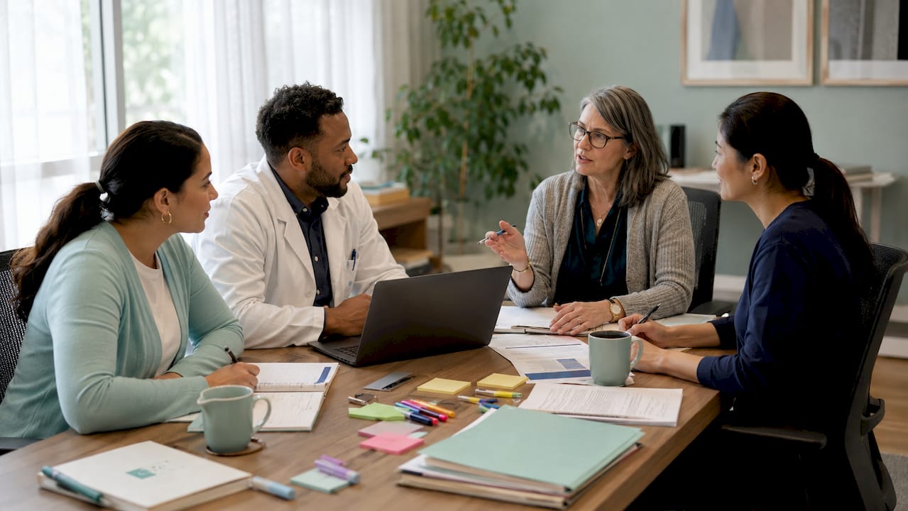 Interdisciplinary team discussing integrated mental health care