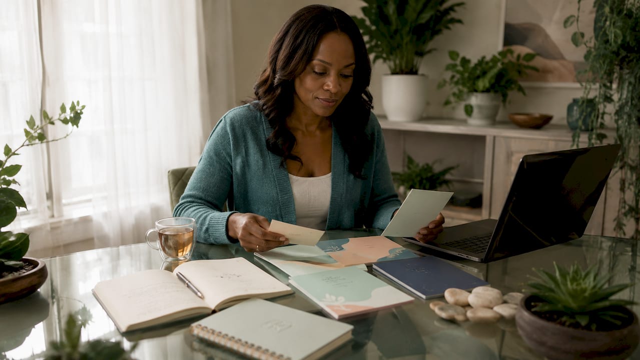 Woman organizing recovery resource brochures