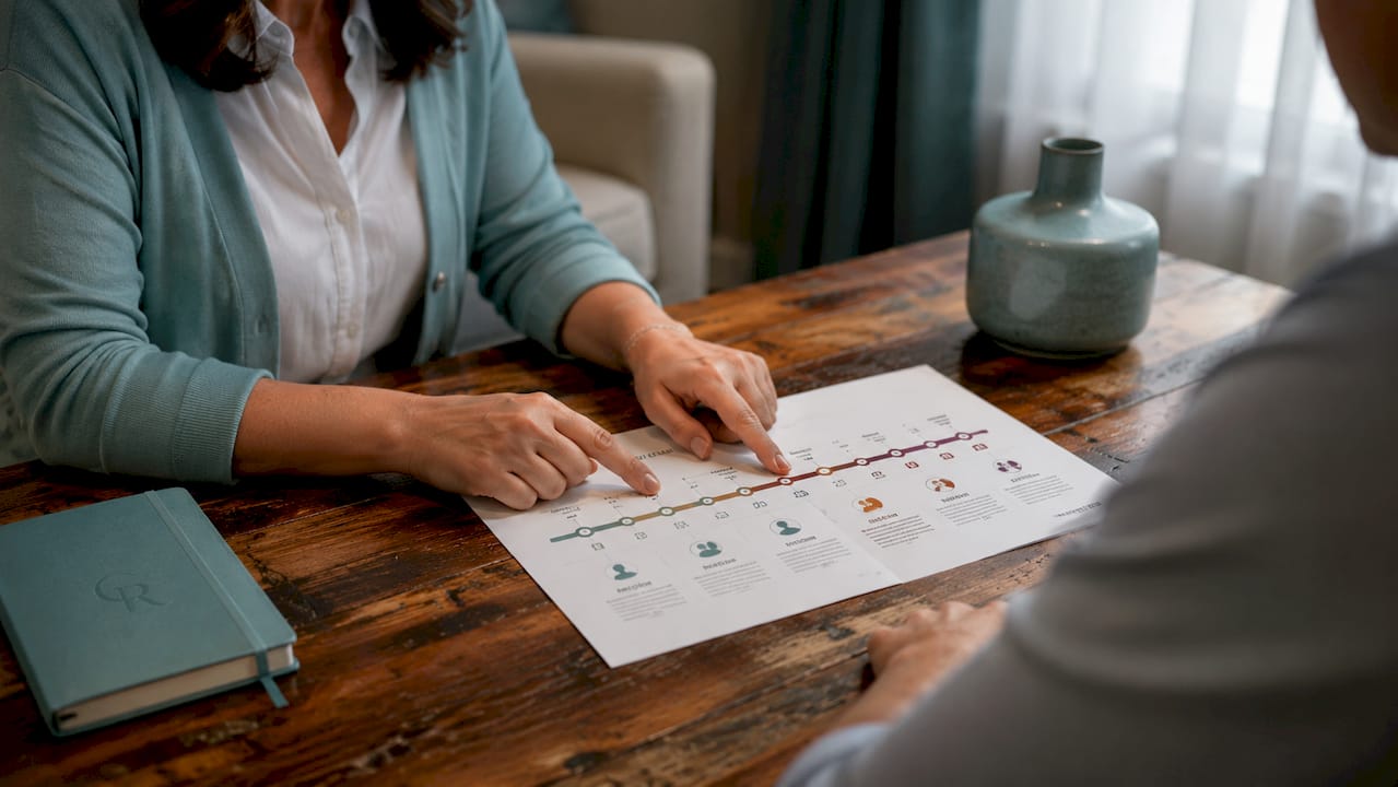 Healthcare hands showing alcohol withdrawal timeline chart