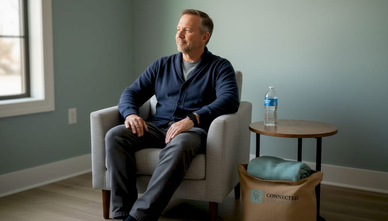 Patient seated peacefully in detox lounge