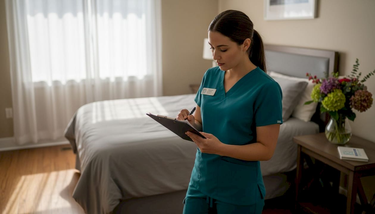 Nurse reviewing medical notes in detox room