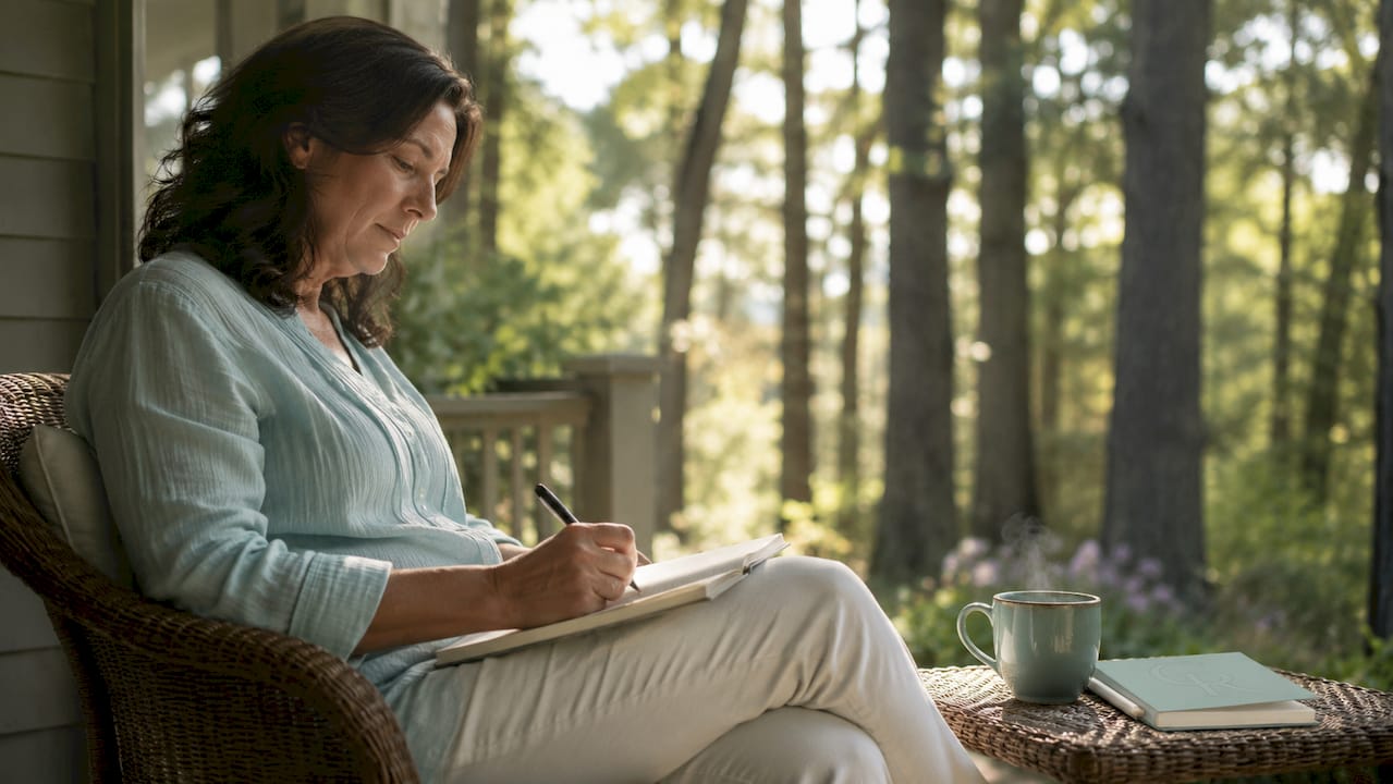 Woman journaling recovery progress outdoors