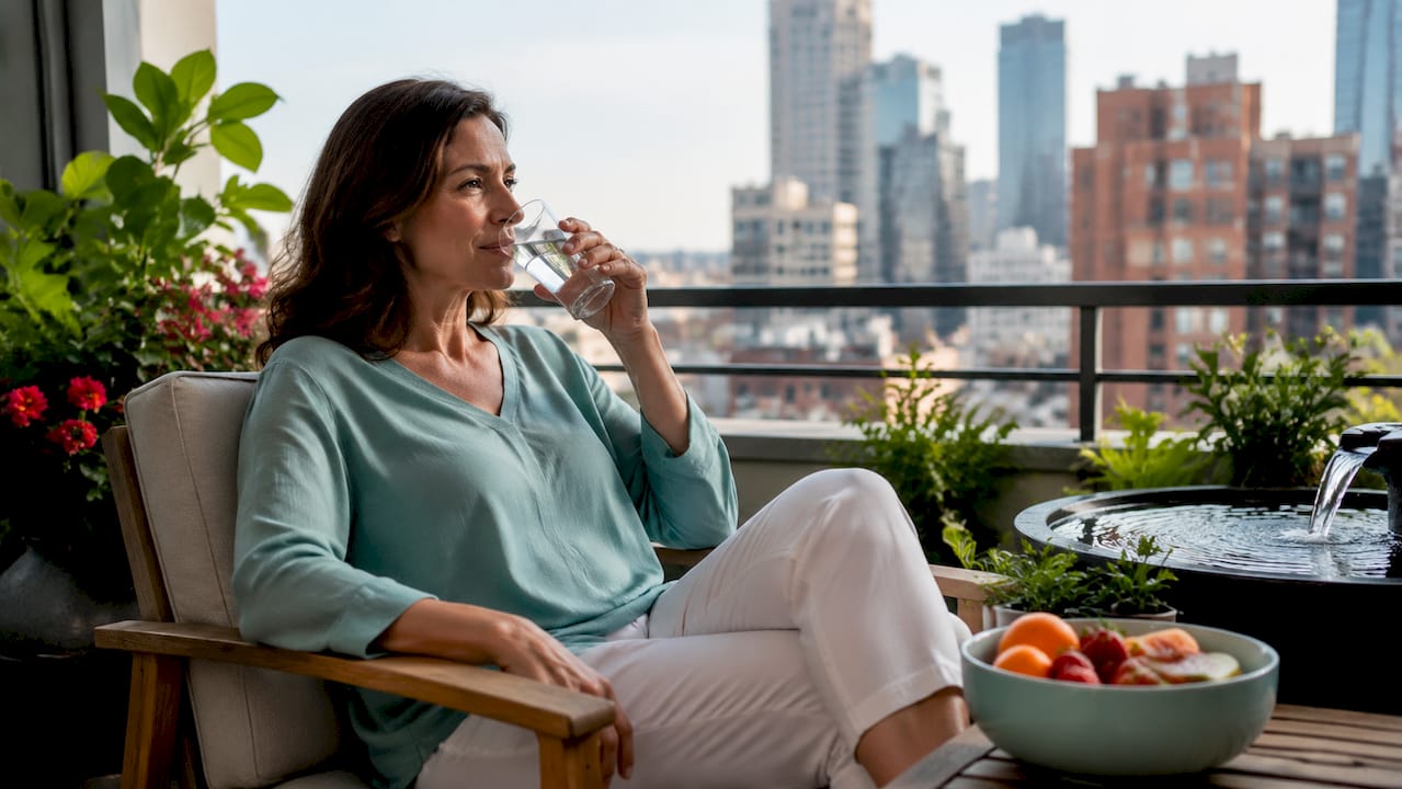 Woman drinking water at kitchen table