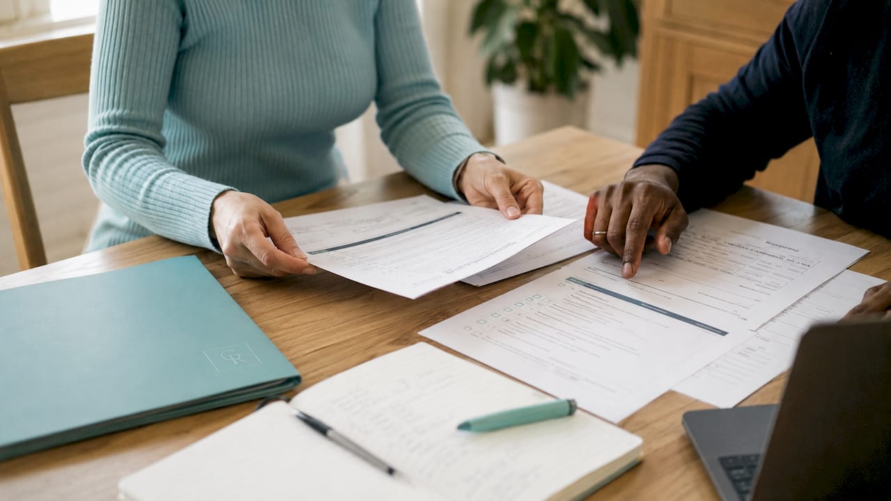 Hands organizing medical documents on table