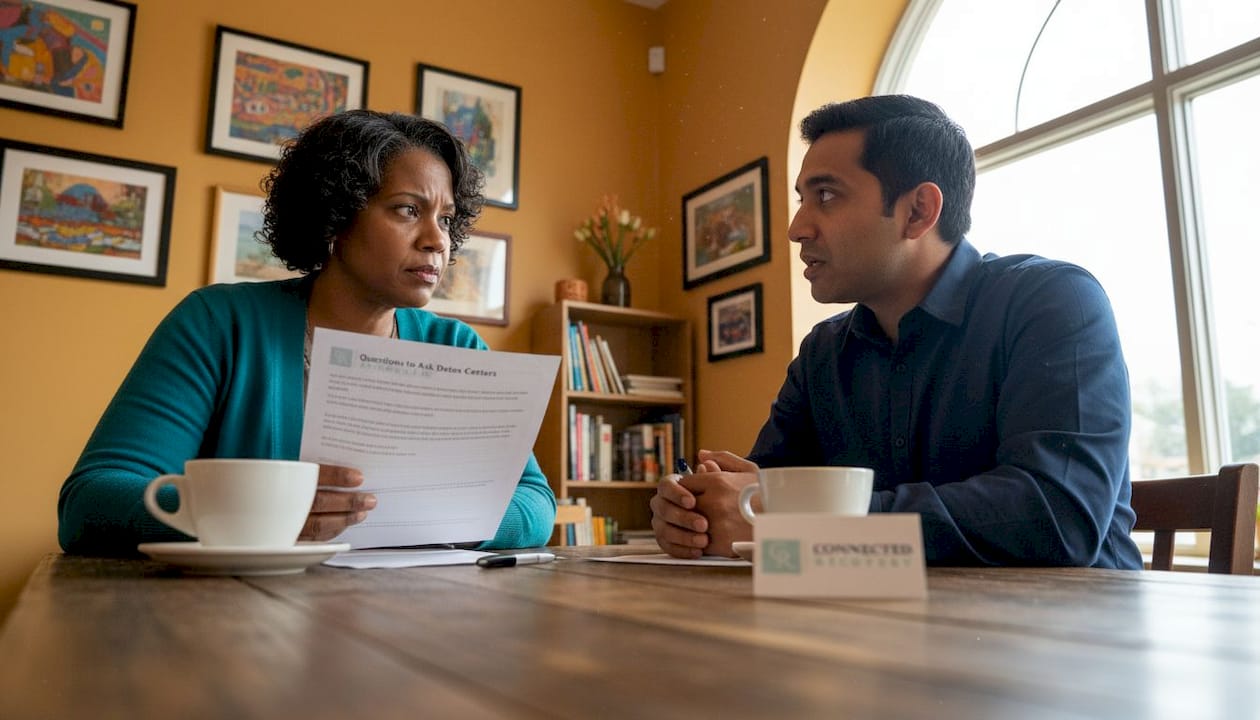 Two people discussing detox facility questions