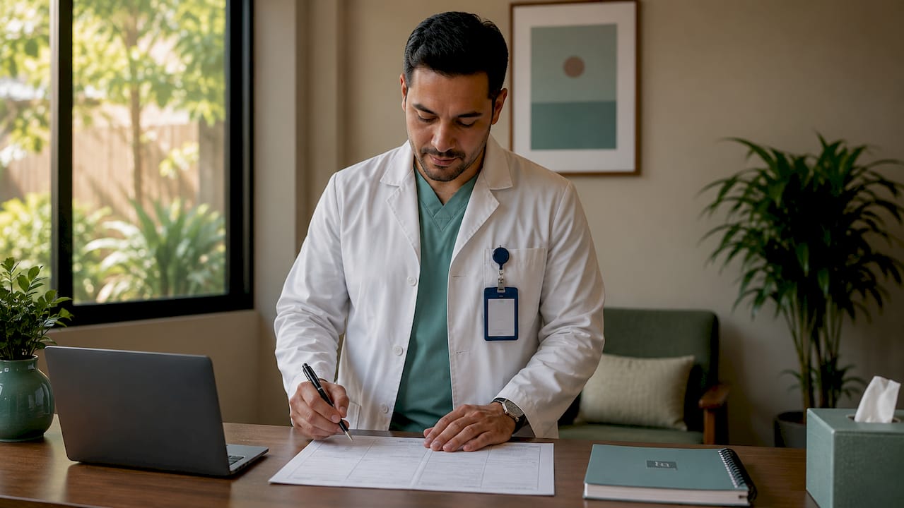 Nurse reviewing medical safety paperwork