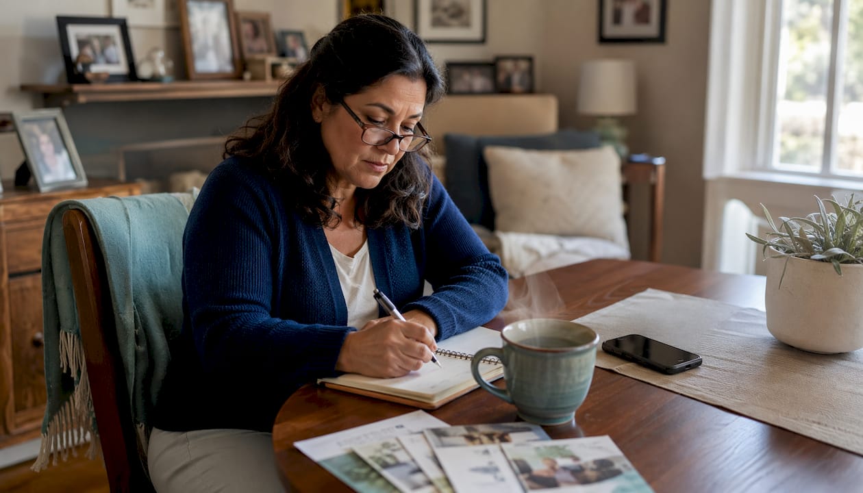 Woman journaling support plan at kitchen table