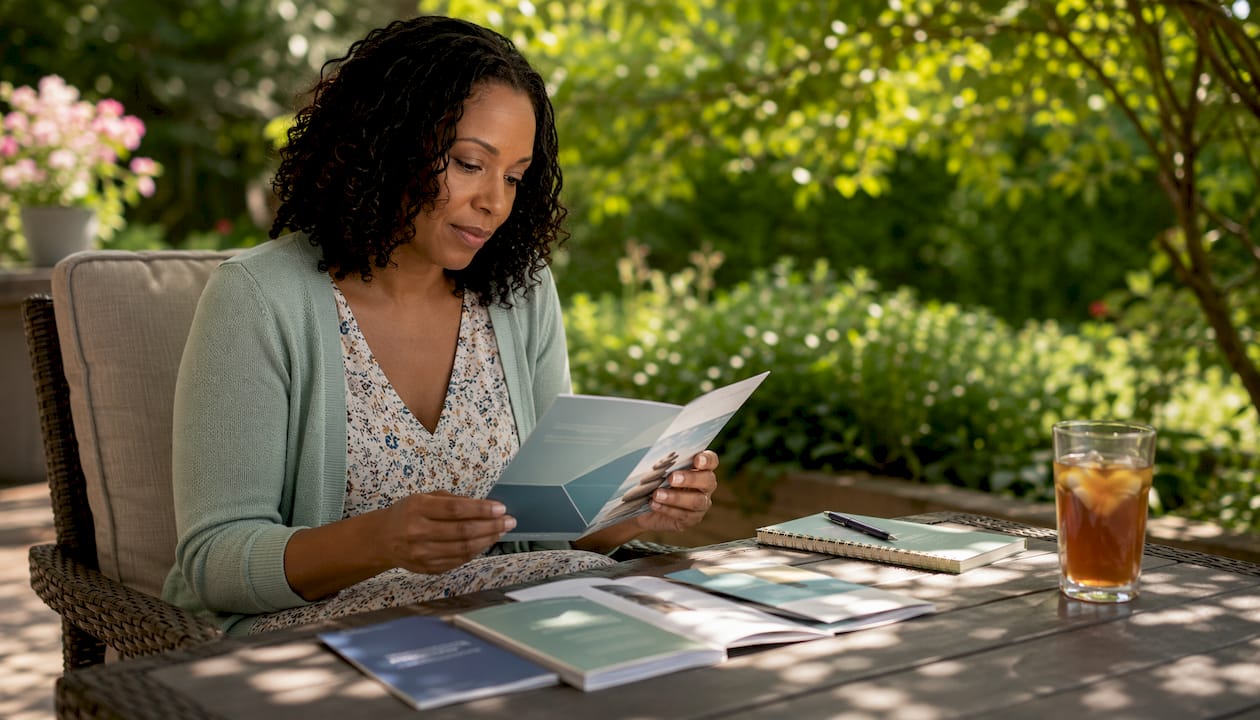 Woman reviewing addiction treatment brochures